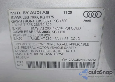 2021 Audi E-Tron Sportback Premium Plus Quattro z USA, uszkodzony, nr VIN WA12AAGE2MB012913